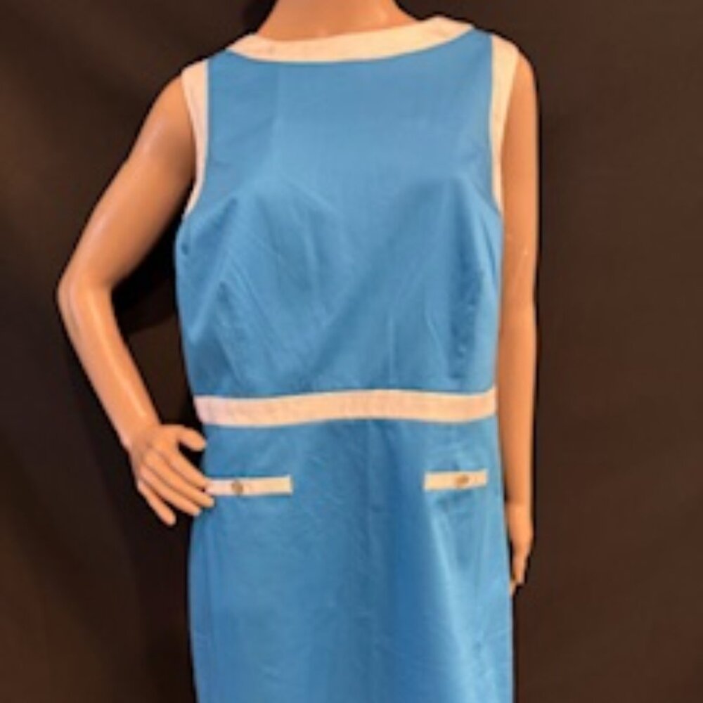 Charter Club Sleeveless Blue Sheath Dress w/White Trim & Pocket Accents Size 12